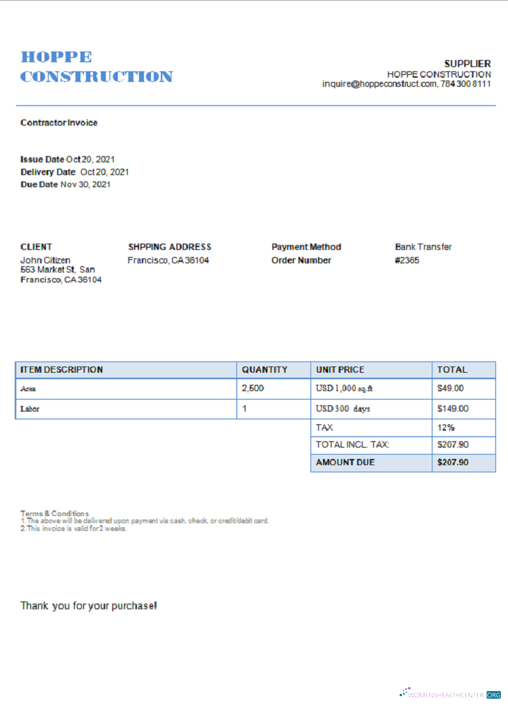 Download USA Hope Construction invoice Photoshop template